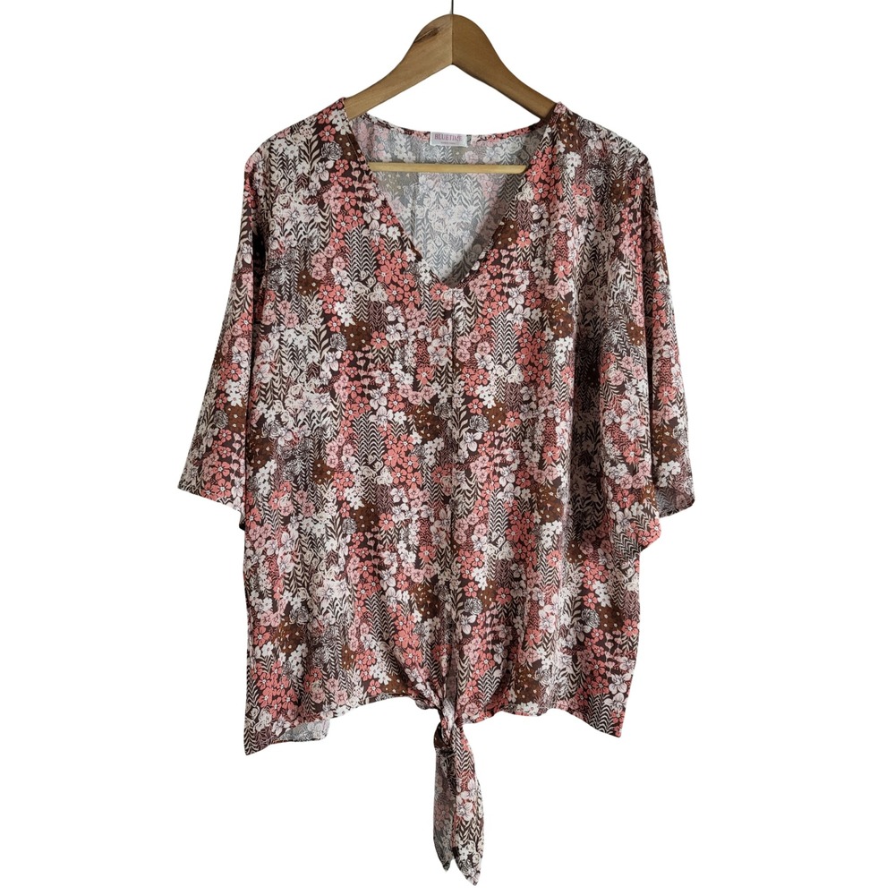 Blutime Floral V-Neck Tie Front Top Pink Brown Short Sleeve Blouse Large Boho